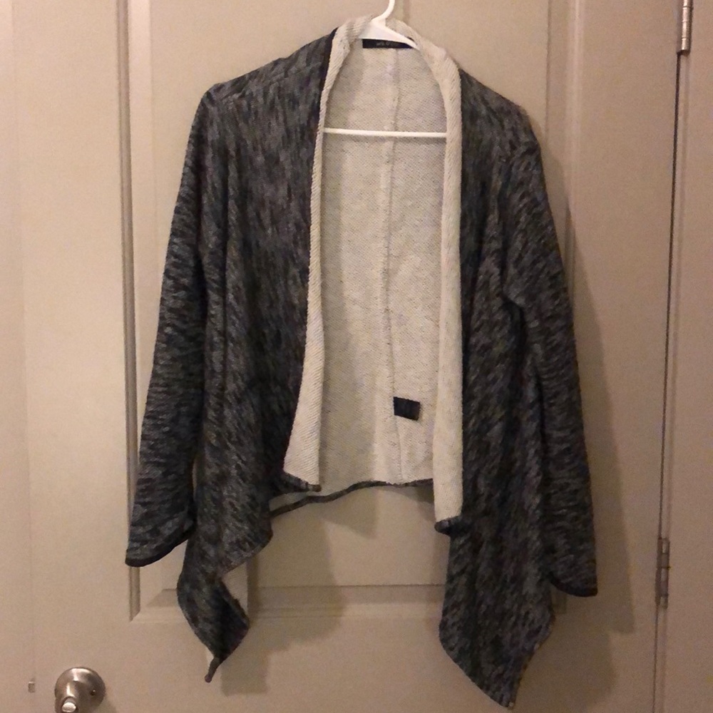 Gray Waterfall Cardigan with Faux Leather Trim